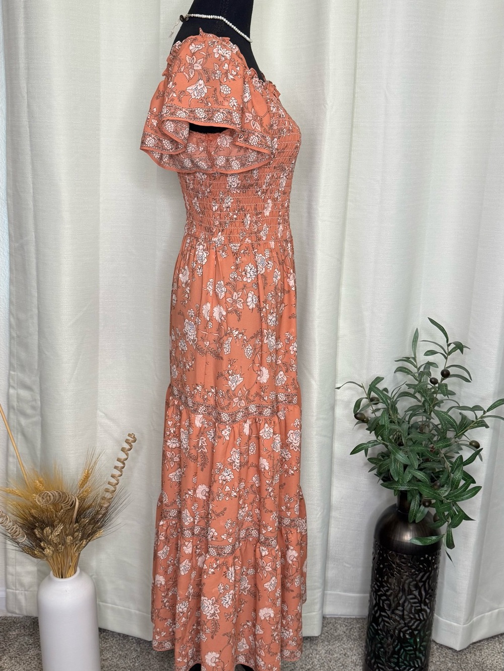 Max Studio Rust Floral Smocked Maxi Dress - Picture 3 of 10